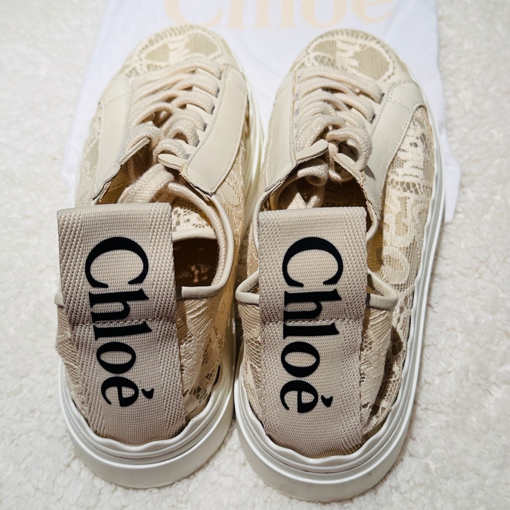 Chloé Lauren Scalloped Logo Lace Sneakers – Cream 
Size 38 | Dust Bag Included